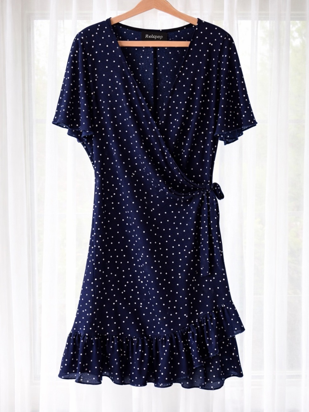 Relipop Polka Dot Wrap Dress M Navy Ruffle Hem Flutter Sleeve Mini Cute